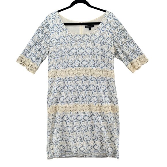 Chris McLaughlin Lace Shift Dress Blue White Cream Lined Half Sleeve Size 18 - Picture 1 of 10